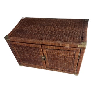 1970s Chinoiserie Handwoven Wicker and Brass Two-Door Storage Trunk 2 Door Cabinet For Sale