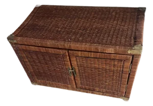 1970s Chinoiserie Handwoven Wicker and Brass Two-Door Storage Trunk 2 Door Cabinet