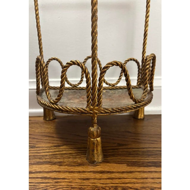 Metal Mid Twentieth Century Hollywood Regency Twisted Metal Rope and Tassel Petite Demilune Three Shelf Table For Sale - Image 7 of 8