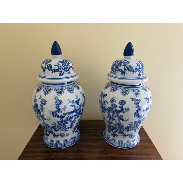 Chinoiserie Large Blue and White Porcelain Ginger Jars, Pair For Sale - Image 9 of 10