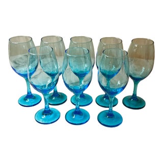 Set of 8 - Libbey Aqua Blue Wine Glasses For Sale