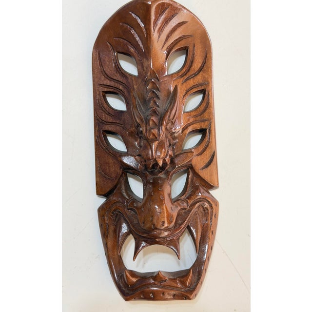 Wood Pair of Vintage Philippine Hand-Carved Monkey Pod Wood Dragon & Demon Wall Masks For Sale - Image 7 of 12