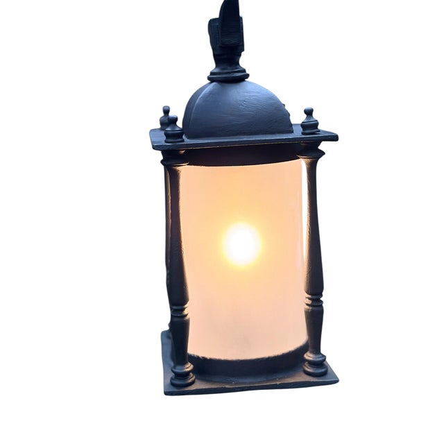 1910s Outdoor Exterior Porch Light Wall Sconce in Cast Iron With Frosted Glass Cylinder Shade and Black Enamel Paint Mission Spanish For Sale - Image 4 of 11