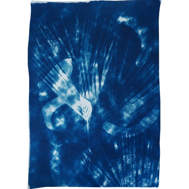 Botanical Cyanotype With Abstract Cloudy Shades,Photogram Made on Watercolor Paper, Deep Range of Blues, 50xx70cm For Sale