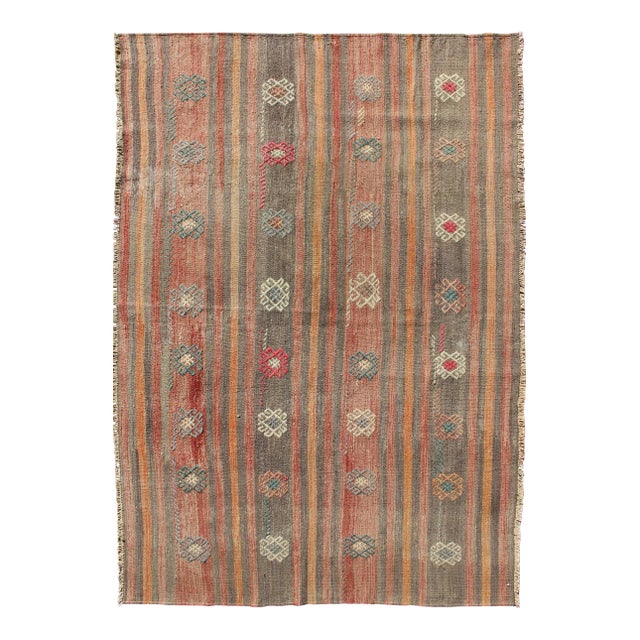 Colorful Vintage Hand Woven Turkish Flat-Weave Kilim Rug With Striped Geometric Design For Sale