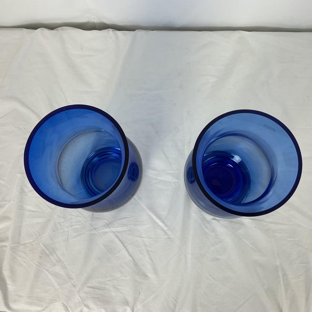Traditional 1960s Moth Blown Cobalt and Clear Romanian Vase Pair For Sale - Image 3 of 7