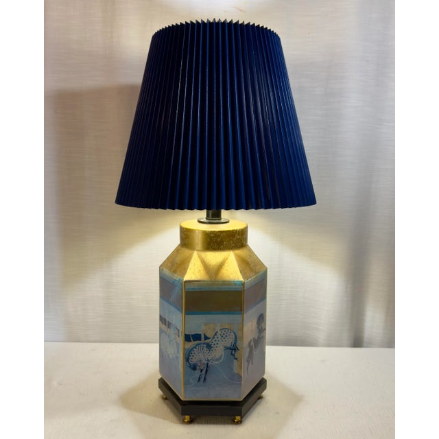 Frederick Cooper Vintage Chinoiserie Reverse Painted Hexagonal Tang Horse Table Lamp With Bespoke Navy Blue Shade For Sale - Image 4 of 12