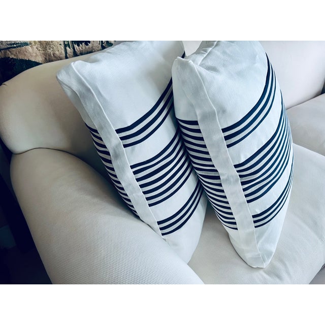 Pair Reversible Cushions/Pillows in Navy Blue Stripes on White For Sale - Image 4 of 11