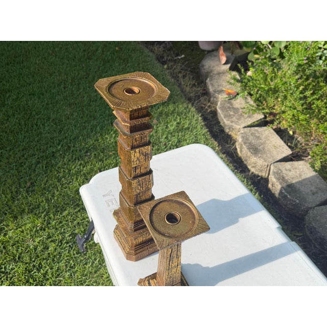 Late 20th Century Vintage Brutalist Gilt Faux Bois Sculptural Candleholders, Graduated Pair For Sale - Image 5 of 12