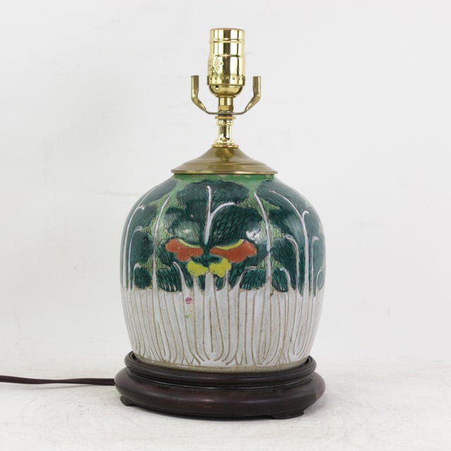 Antique Famille Rose Porcelain Bok Choy Table Lamp With Cabbage Leaf and Butterfly Motif For Sale - Image 4 of 15