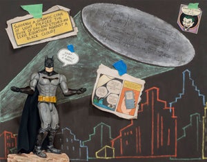 Holy Mathematical Representation Batman! by Warren W. Kessler | Oil on Aluminum Panel Batman with math equations and city skyline.