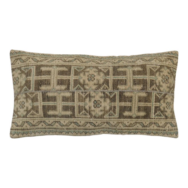 Neutral Brown Green Tan Wool Turkish Rug Pillow For Sale