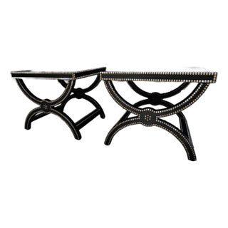 Late 20th Century Vintage X Base Leather Nailhead Ottoman Stools a Pair For Sale