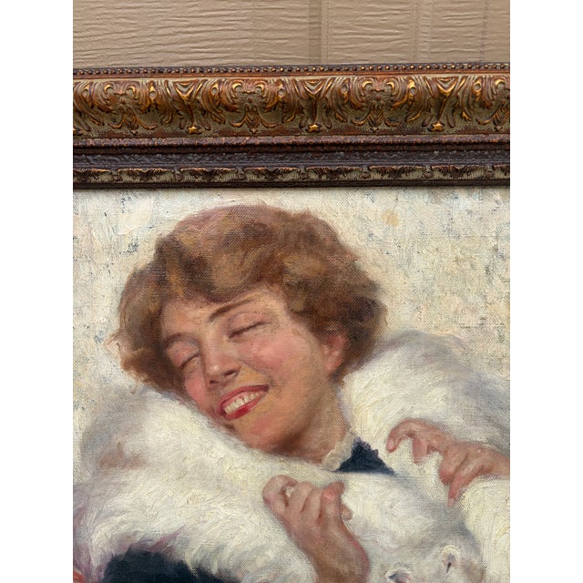 Early 20th Century Early 20th Century Adolfo Belimbau Portrait of a Woman in a White Fox Stole, Antique Italian Oil on Canvas For Sale - Image 5 of 10