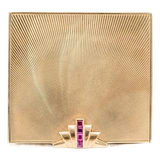 Vintage Tiffany & Co. 14k Yellow Gold Ruby Powder Case Compact Mirror Box For Sale