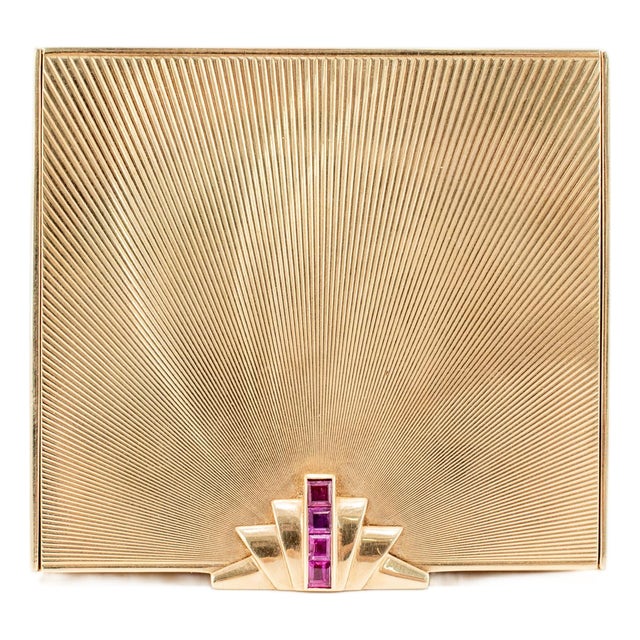 Vintage Tiffany & Co. 14k Yellow Gold Ruby Powder Case Compact Mirror Box For Sale