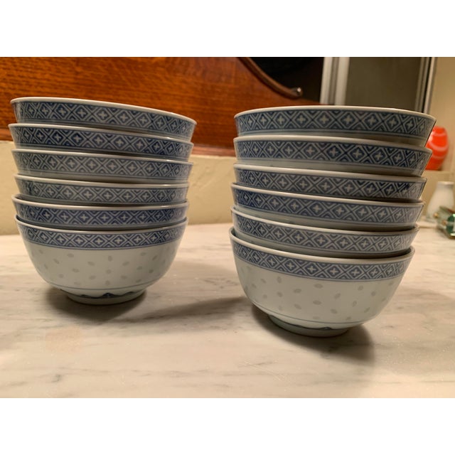 Mid-Century Modern Vintage Chinese Blue & White Porcelain Rice Grain Bowls Set of 12 For Sale - Image 3 of 16