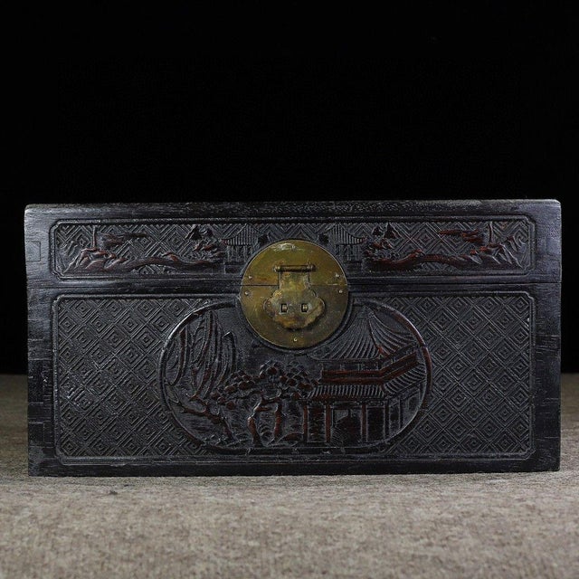 19Large Hand-Carved Dark Wood Treasure Box With Brass Hardware & Landscape Motif For Sale In Los Angeles - Image 6 of 9