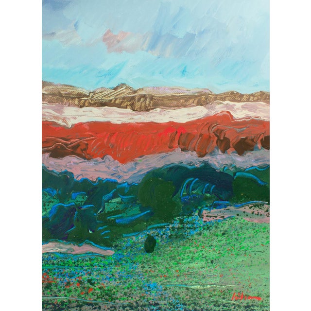 A 1980s abstract acrylic painting on paper by the American artist Harry Hilson (1935-2004). This piece features an...