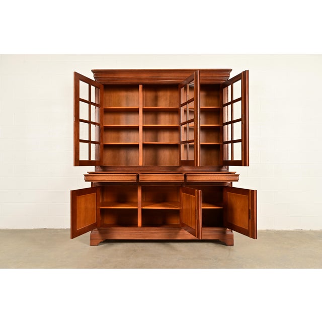1960s Grange French Louis Philippe Carved Cherry Wood Breakfront Bookcase Cabinet, Circa 1960s For Sale - Image 5 of 17