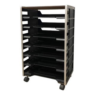 Vintage Rolling Office File Organizer Cart With Tiered Plastic Trays, Wood Top. For Sale