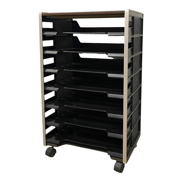 Vintage Rolling Office File Organizer Cart With Tiered Plastic Trays, Wood Top. For Sale