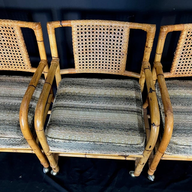 Tan Ficks Reed Style 1950s Mid Century Rattan Dining Table and Four Caned Chairs -Set of 5 For Sale - Image 8 of 12