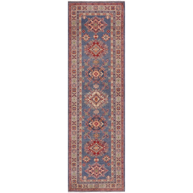 Boho Chic Tribal Kazak Light Blue/Beige Wool Runner Rug- 2'9''x9'6'' For Sale - Image 9 of 10