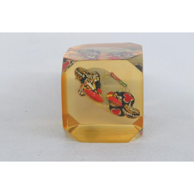 Barcelos Roosters Encased Lucite Souvenir Paperweight Amber Tinted Acrylic 5105b For Sale - Image 10 of 15
