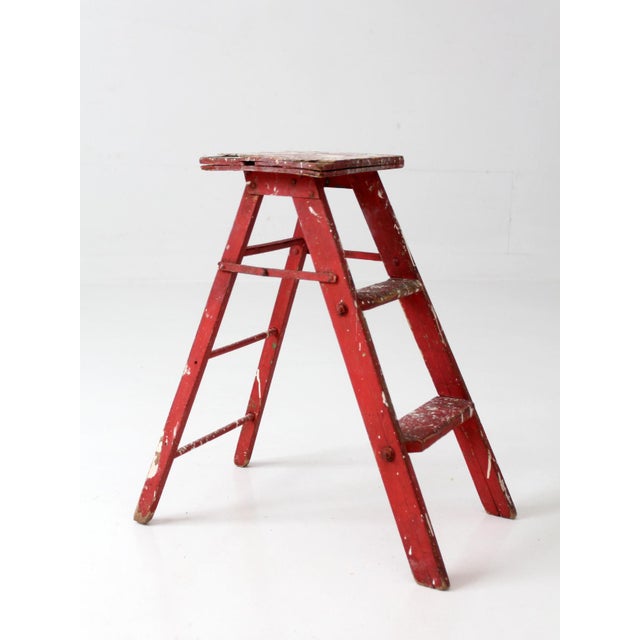Vintage Red Wooden Step Ladder For Sale - Image 9 of 16