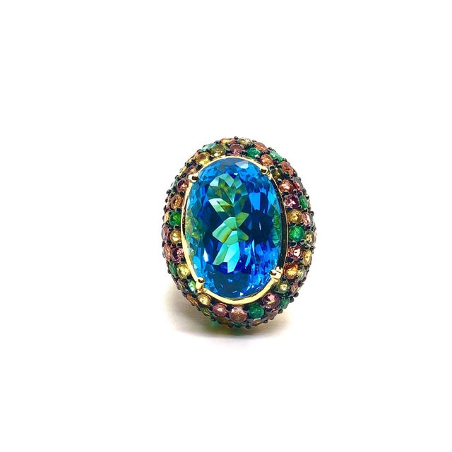 Blue Bochic “Orient” Vintage Tourmaline & Blue Topaz Ring Set 18 K Gold & Silver For Sale - Image 8 of 8