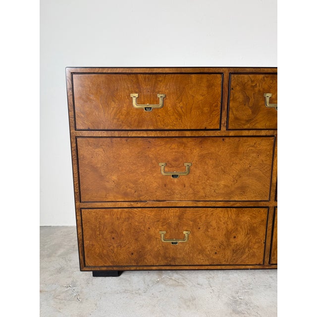 1970s 1970’s John Widdicomb Campaign Mid-Century Burlwood & Brass 9-Drawer Lowboy Dresser For Sale - Image 5 of 13