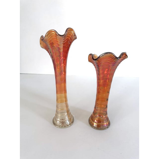 Mid 20th Century Vintage Marigold Carnival Glass Swung Vases, a Pair For Sale - Image 5 of 12
