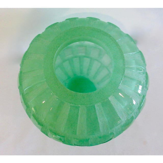 Jade Daum France Crystal "Pate De Crystal," Celadon Green Geometric Raised Relief "Rhythmns," Vase/Vessel For Sale - Image 8 of 18