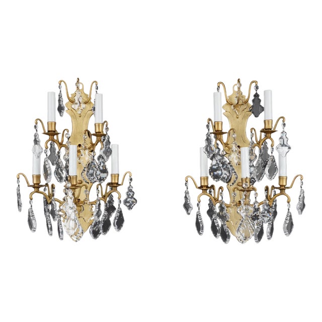 Mid 20th Century Pair of Restored French Plaza Hotel Crystal Wall Sconces For Sale