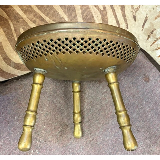 Mid 20th Century Early Middle Eastern Etched and Pierced Brass Three Leg Trim Pod Footstool For Sale - Image 5 of 8