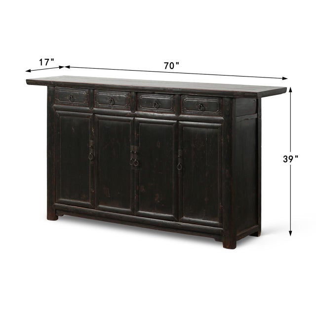 Contemporary Vintage Distressed Black Lacquer Sideboard with Four Drawers and Four Doors For Sale - Image 3 of 7