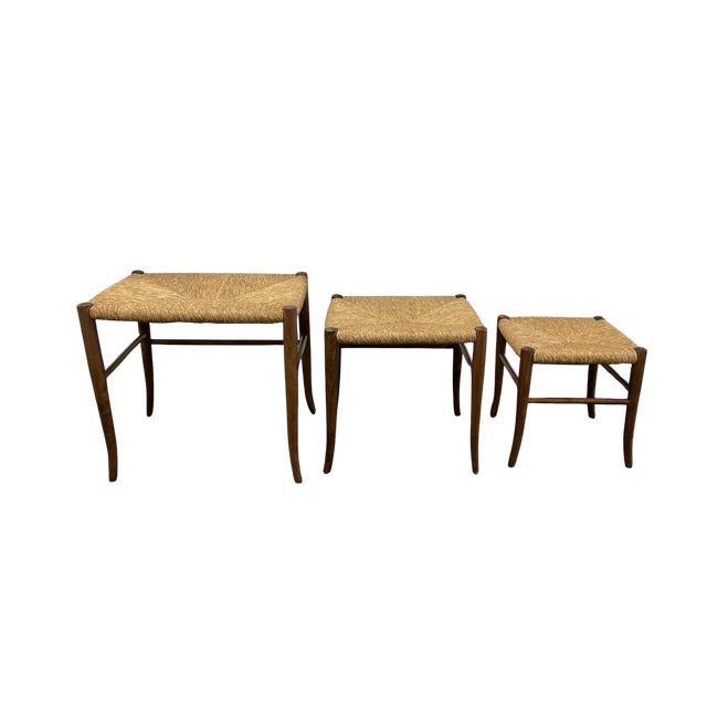 Brown Vintage Mid Century Piazza Original Italian Set of 3 Rush Seat Nesting Stools/Tables, Attributed to Gio Ponti For Sale - Image 8 of 17