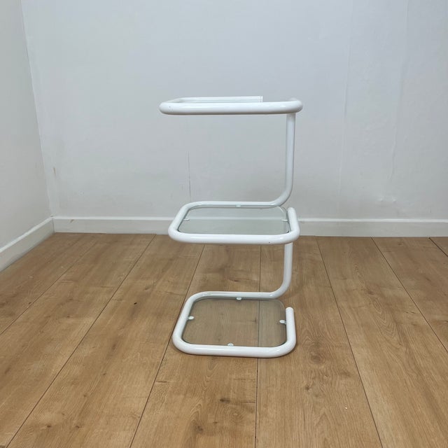 Mid-Century Modern Vintage Side Table in White Tubular Metal and Glass, 1970s For Sale - Image 3 of 10