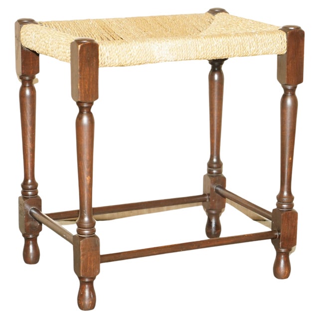 Vintage Dutch Bench Stool with Rope Woven Rush Style Seat, 1940s For Sale