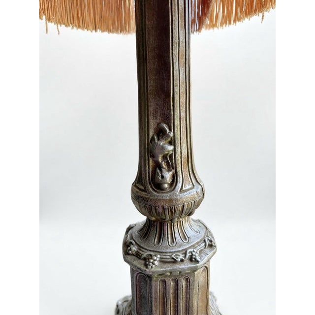 Vintage Neoclassical Column Table Lamp With Floral Fringed Shade For Sale In Greensboro - Image 6 of 8