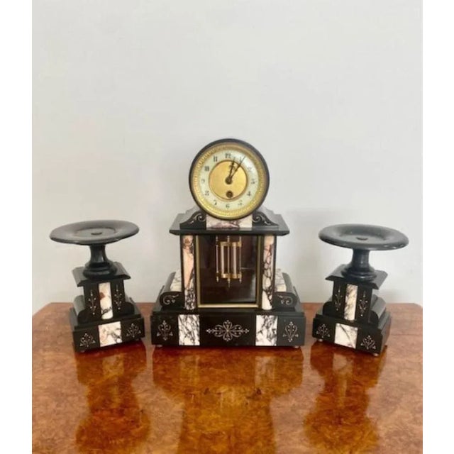 Quality antique Victorian block marble clock garniture having a quality large marble clock with a drum shaped top brass...