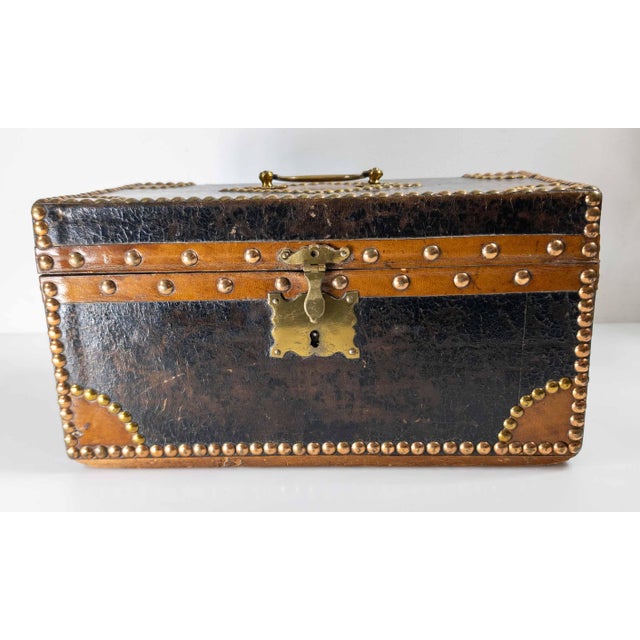 20th Century French Studded Leather Document Box With Paper Lined Interior For Sale - Image 4 of 14
