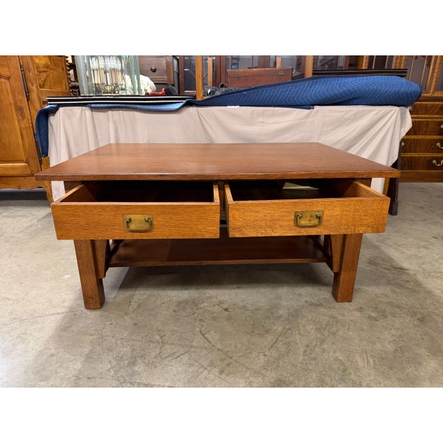 American Mission Quarter-Sawn Oak Coffee Table With Two Drawers and Lower Shelf, Circa 1890–1910 For Sale - Image 17 of 17