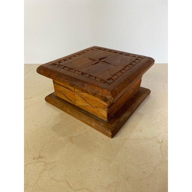 Rustic Vintage Hand-Carved Wood Folk Art Lidded Box With Star Motif For Sale - Image 3 of 12