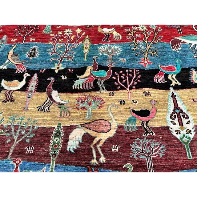 Multicolor Afghan Pictorial Bird & Tree Hand-Knotted Wool Rug - 9'7" X 6'9" For Sale - Image 13 of 15