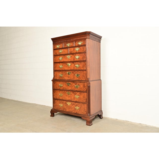 English Baker Furniture Historic Charleston Chippendale Carved Mahogany and Burl Wood Eleven-Drawer Highboy Dresser For Sale - Image 3 of 14