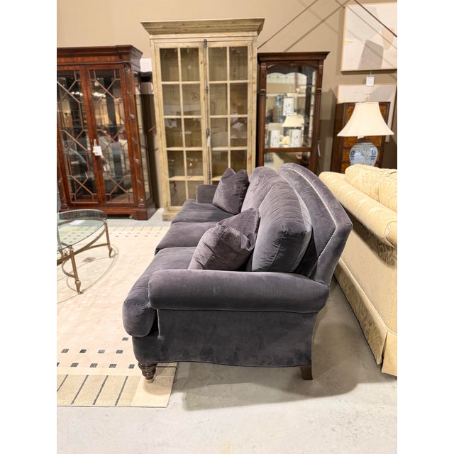 English Ethan Allen Hyde Sofa in Camby Indigo Performance Fabric With Nickel Nailhead Trim For Sale - Image 3 of 10