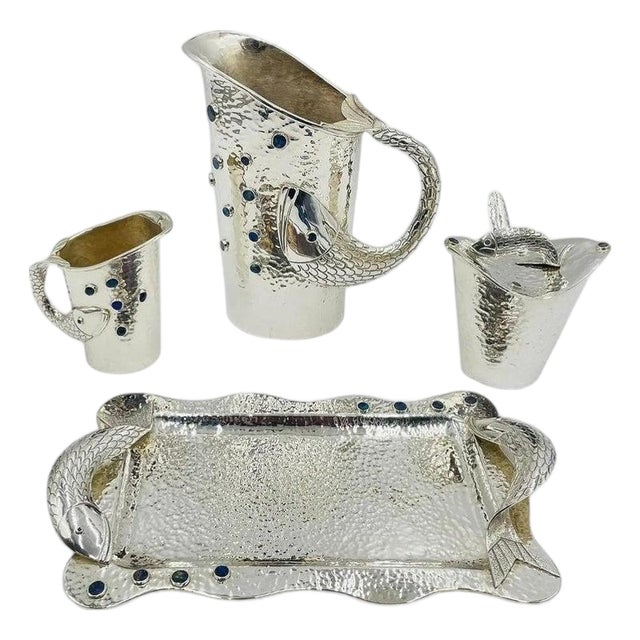 1980s Emilia Castillo Five Piece Fish Tea or Coffee Set Mexican Modern Silversmithing - Set of 5 For Sale