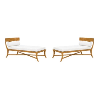 Modern Klismos Teak Patio Chaise Lounges- Pair For Sale